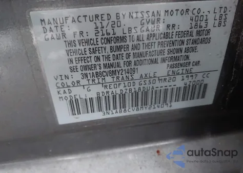 2021 Nissan Sentra Sv Xtronic Cvt из США, поврежденный, VIN 3N1AB8CV8MY214091